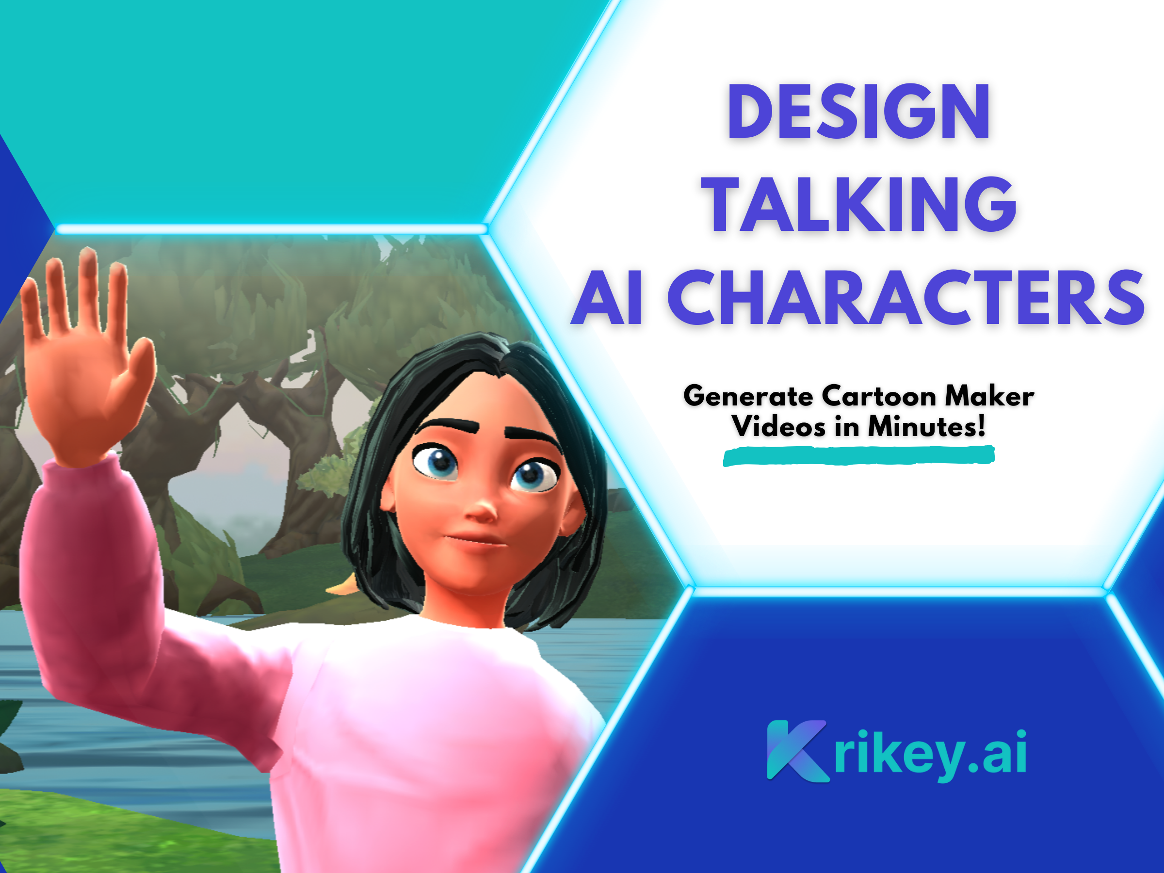 A poster showing cartoon character and text that says design talking AI characters with Krikey AI cartoon maker