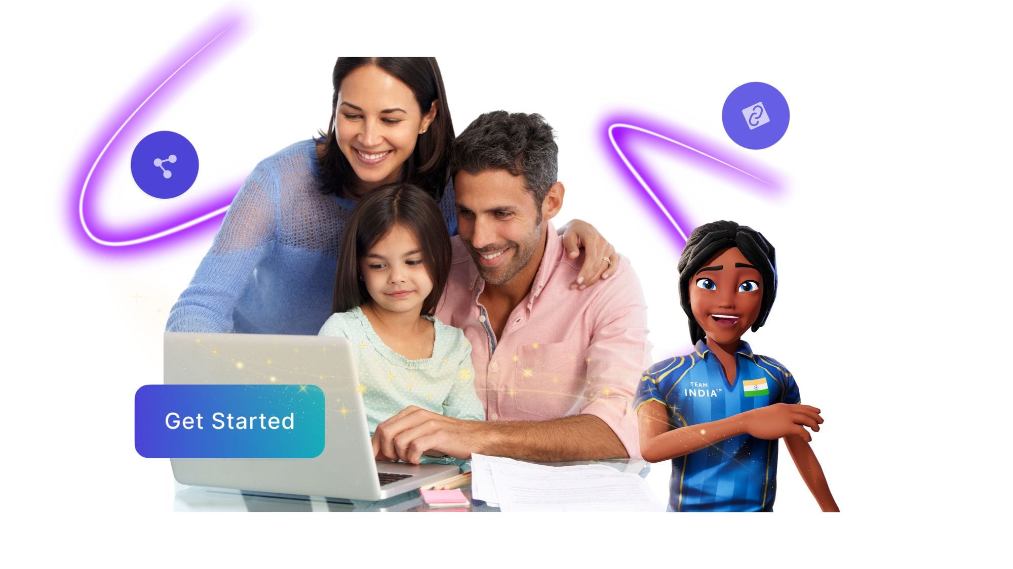 Family using AI Kids Animation tool Krikey AI on laptop with kids cartoon characters