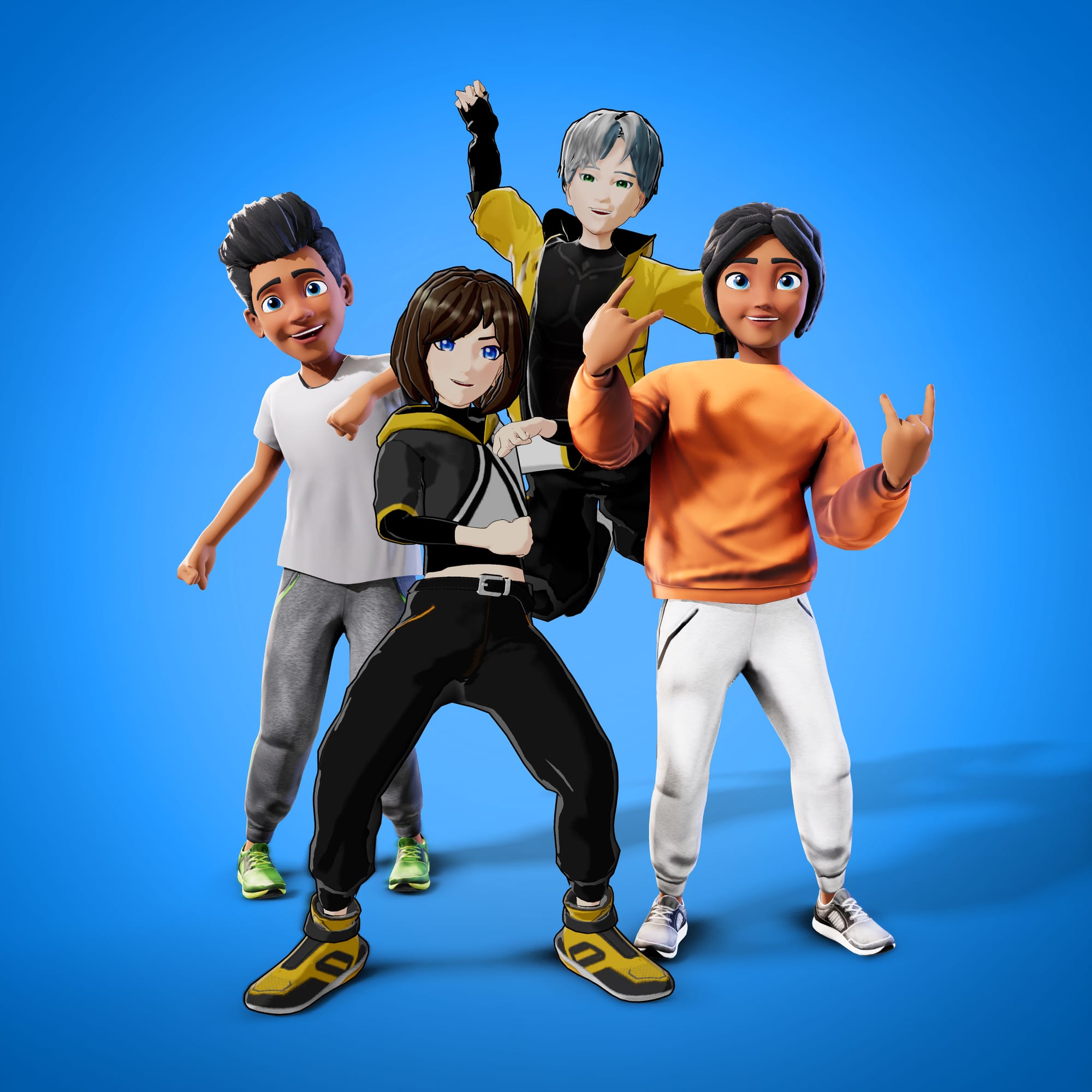 Four cartoon characters including an anime boy and anime girl stand together and pose for the Krikey AI Animation tool poster