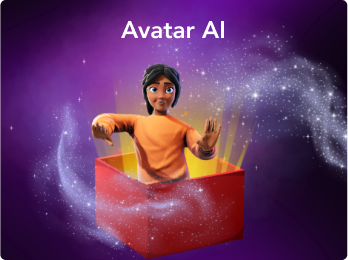 A cartoon character emerges from a magic box with the title text Avatar AI