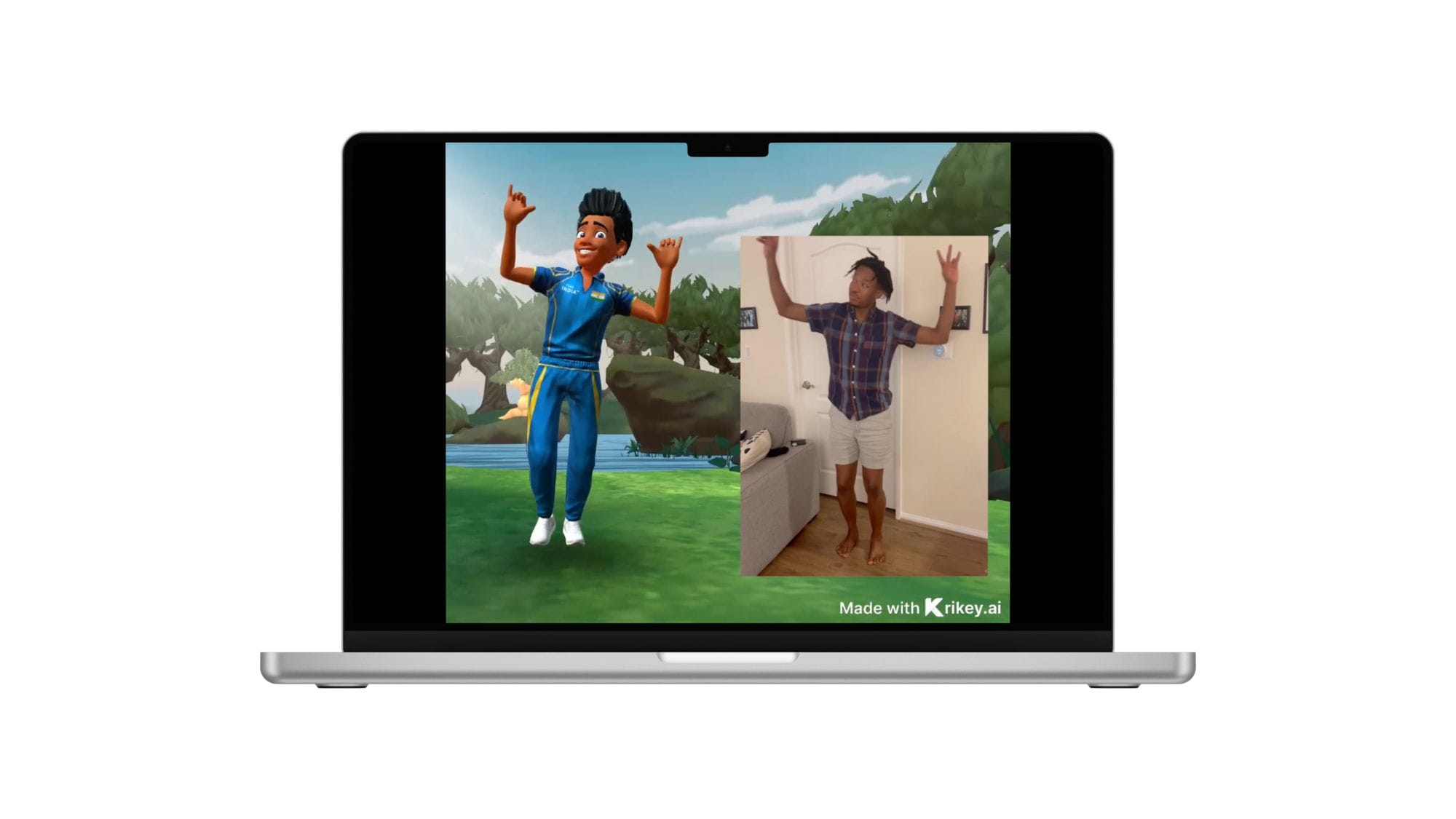 Krikey AI Video to Animation feature shown with human next to animated cartoon character for AI kids cartoon generator