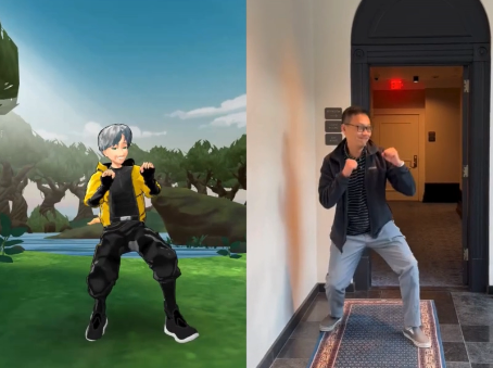 AI meme generator showing anime character in fight pose, matching human video on the right