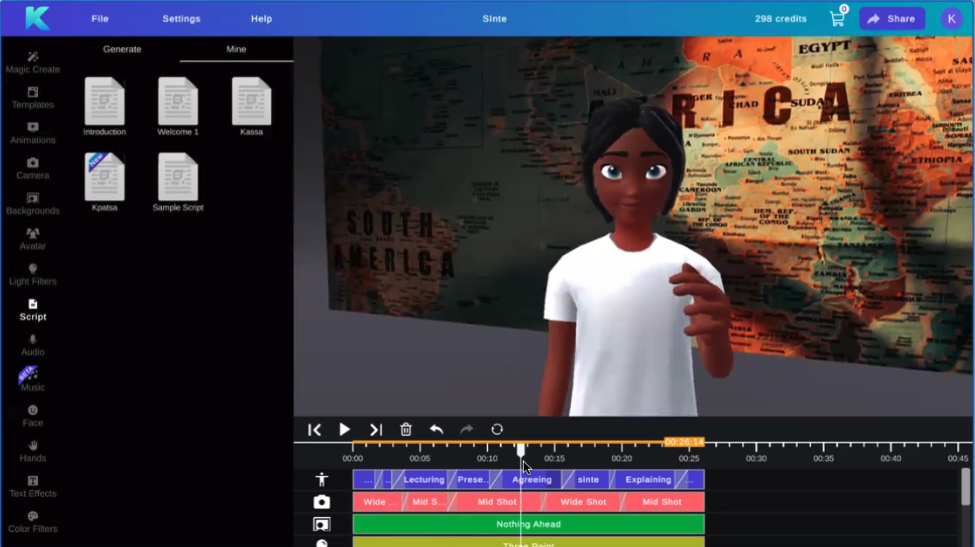 Krikey AI Animation video editor showing animated avatar and timeline with animations