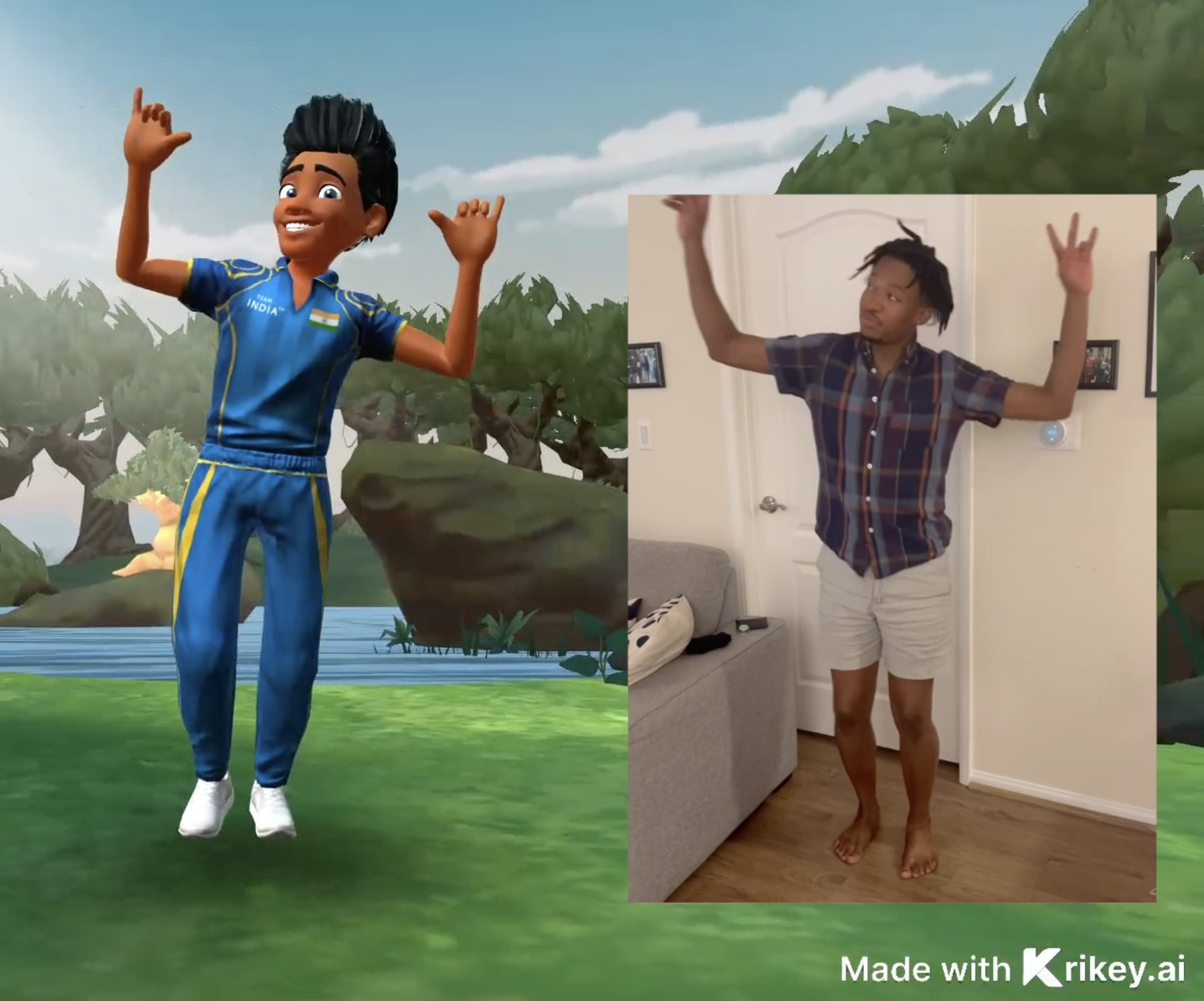 Sample AI video to animation image showing a human alongside a cartoon character in the Krikey AI tool