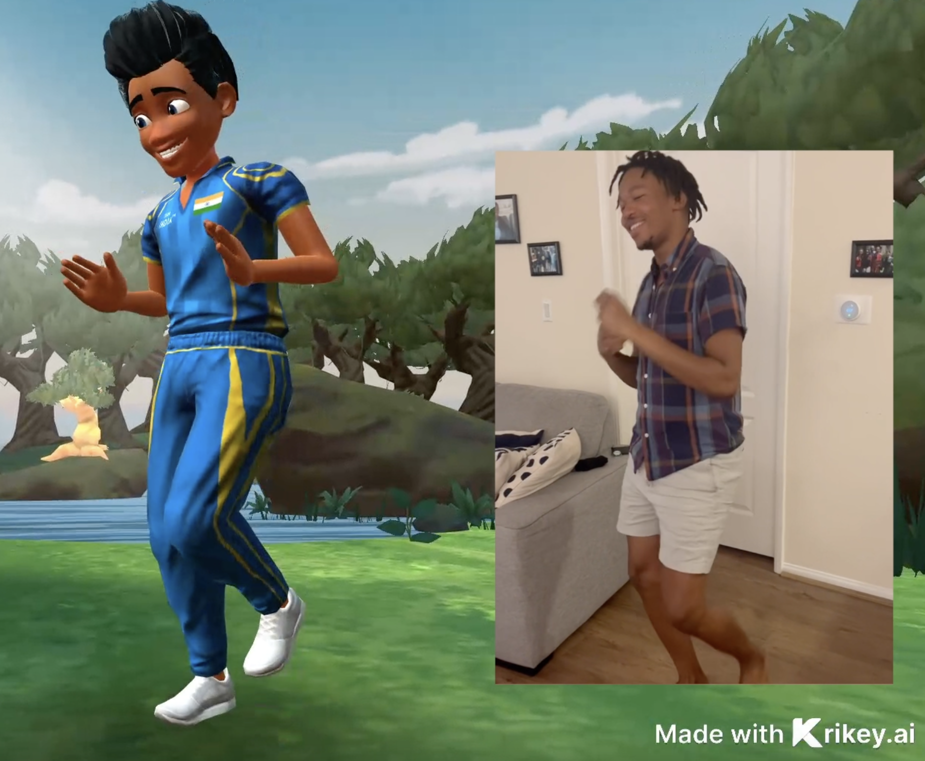 Sample Krikey AI Video to animation image showing the conversion of a human video to a 3D cartoon character animation