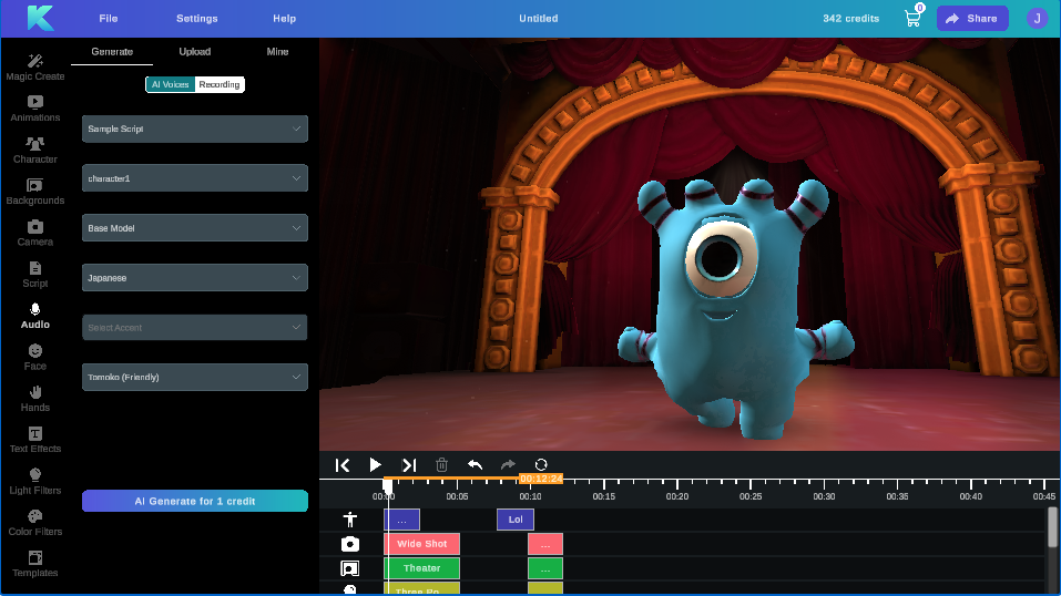 Krikey AI Animation tools with Voice AI enable lip sync with custom 3D characters like this alien made for Alexa games by a game studio 