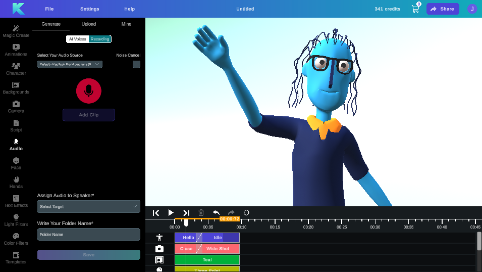 Krikey AI Animation 3D video editor showing record your own voiceover tools with custom characters