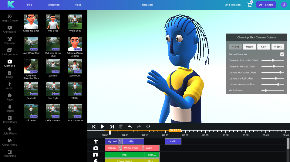 Krikey AI Animation showing custom 3D character in video editor with camera angles