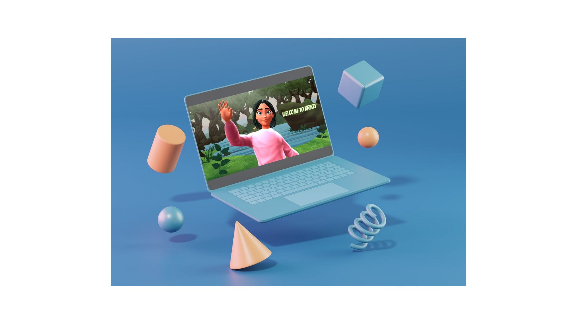 Krikey AI Animation maker tool shown on laptop with animated kids cartoon character