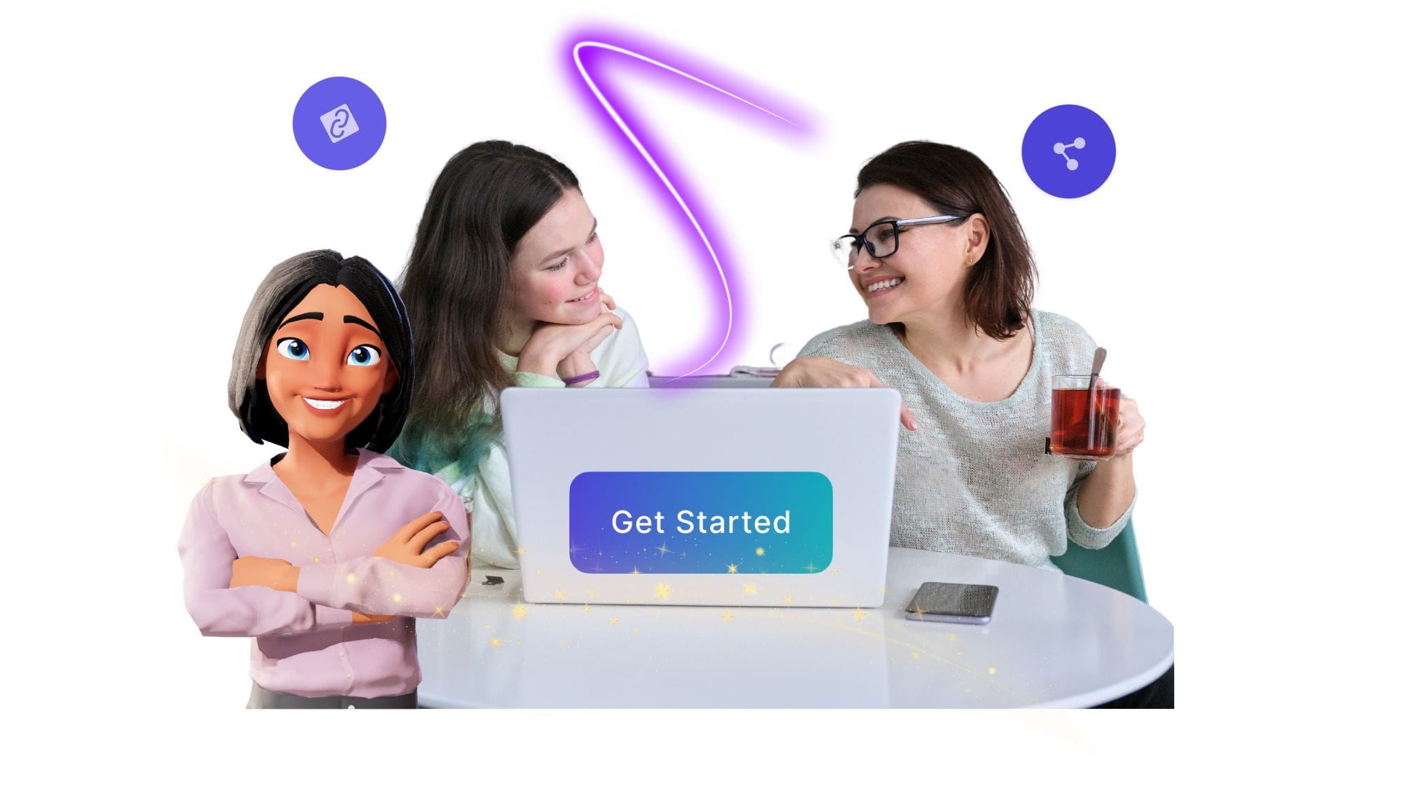 Two women on laptop making AI Animation video for children