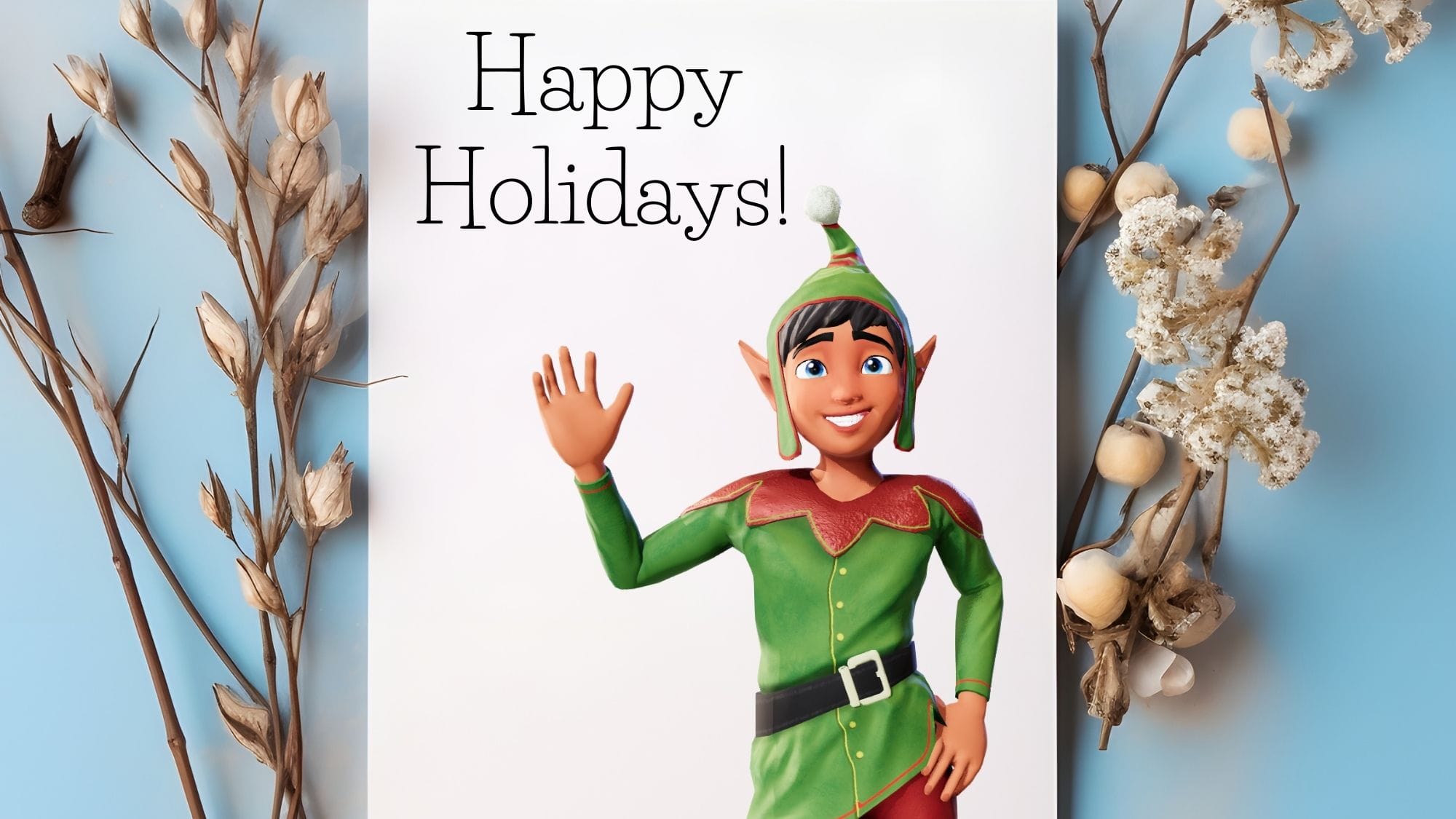 AI invitation card maker for holiday cards and christmas cards with animated elf cartoon character