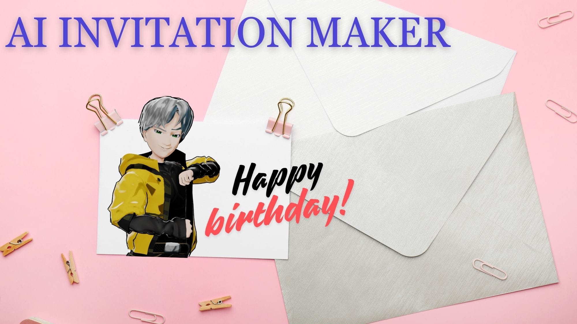 AI invitation maker with anime boy and anime girl characters for birthday invitations