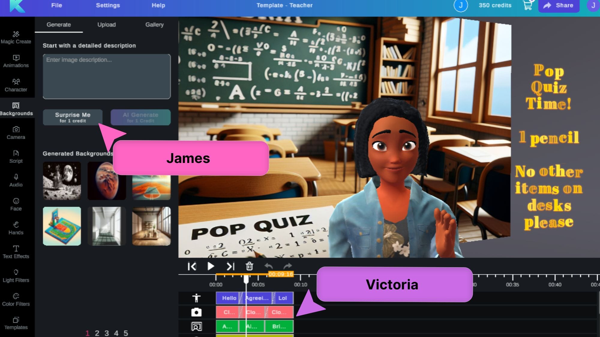 Collaborative video editor tool showing online video editor with lesson plans animation