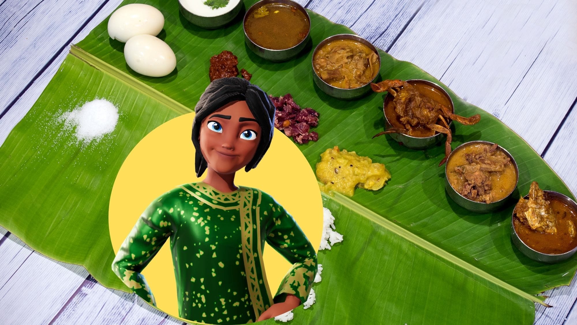 Character AI Alternative for desi india animation showing Krikey AI Animation maker with banana leaf south indian scene