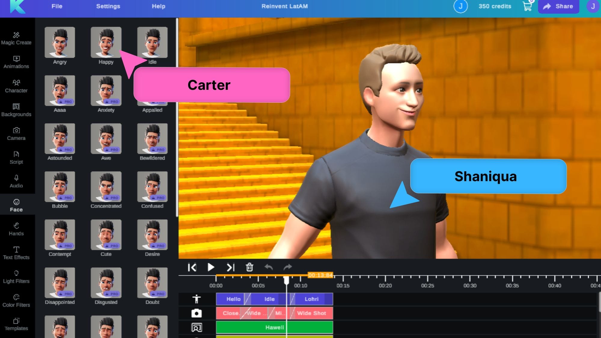 Collaborative video editor tool showing online video editor with NPC Ready Player Me Character