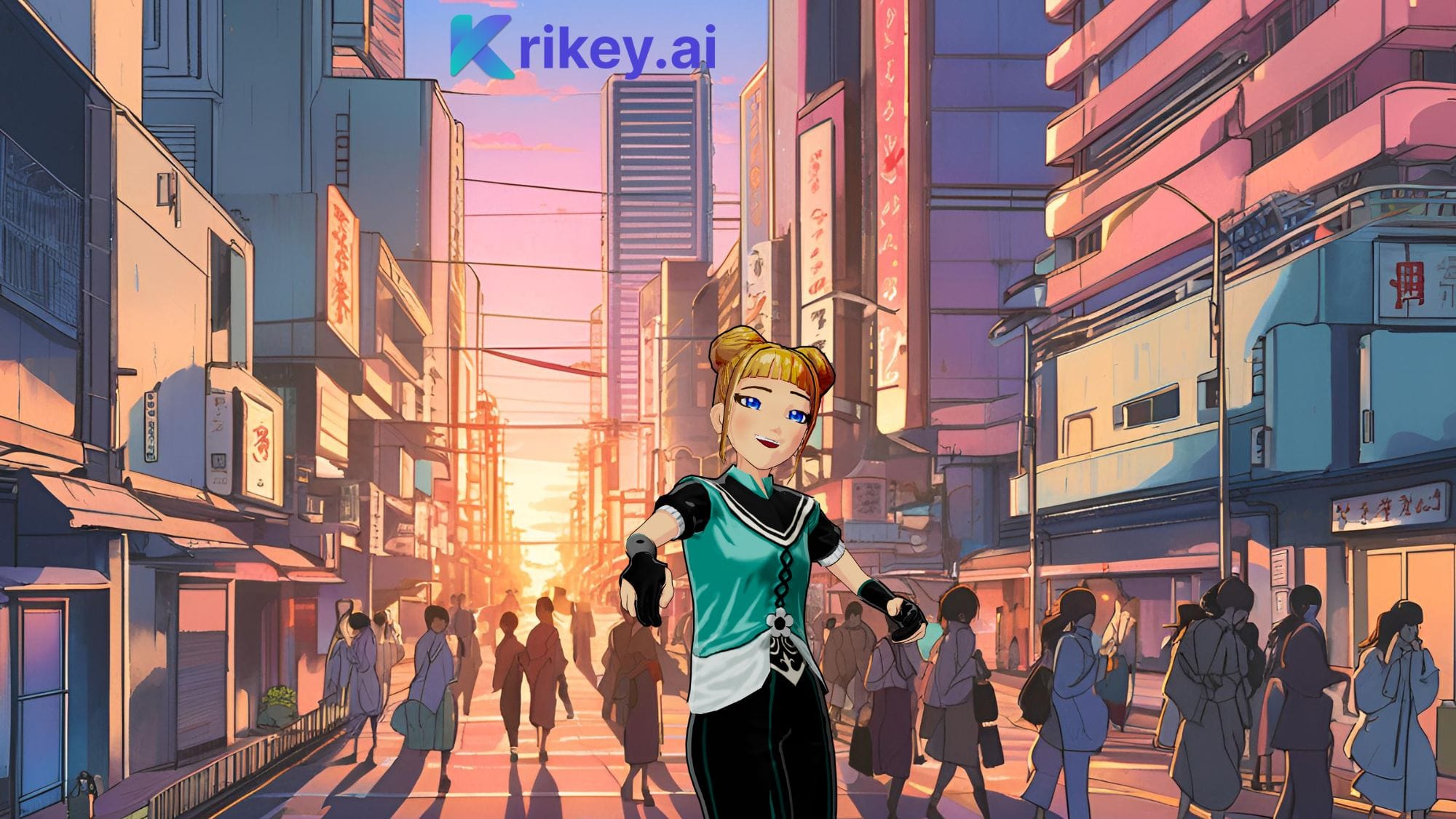 AI Anime maker shows Anime girl dancing in Tokyo skyline inside Krikey AI Video Editor