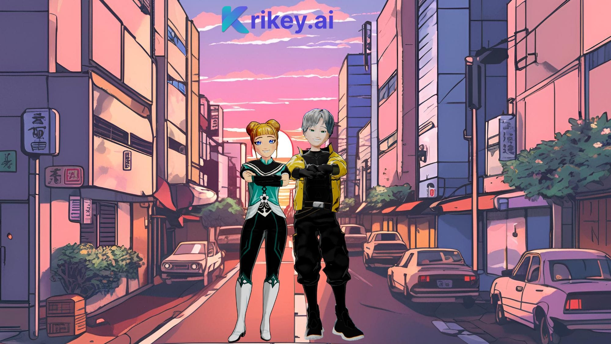 Anime boy and anime girl in Anime tokyo city scene made with Anime AI Character tool in Krikey AI Video editor