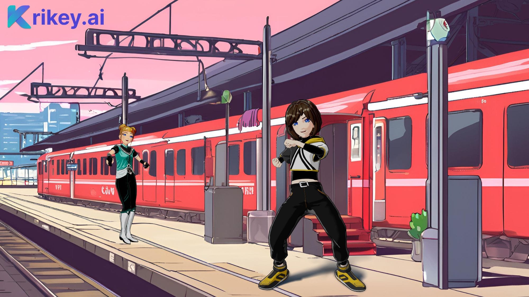 AI Anime Generator shows Anime girls at Anime train station Tokyo in Krikey AI Video editor