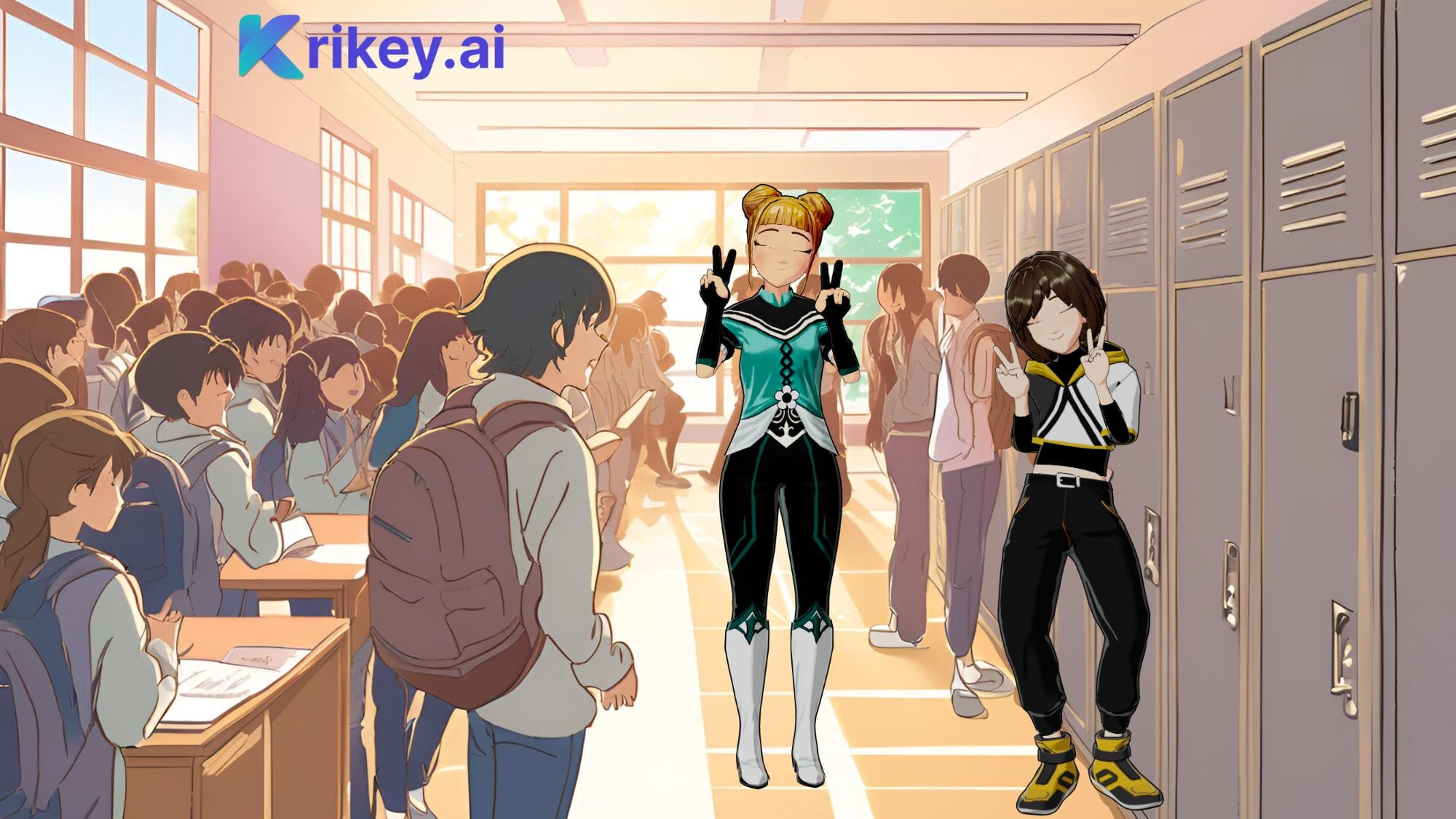 Made with AI Anime Character generator - Anime girl and Anime boy in Anime high school inside Krikey AI Video Editor