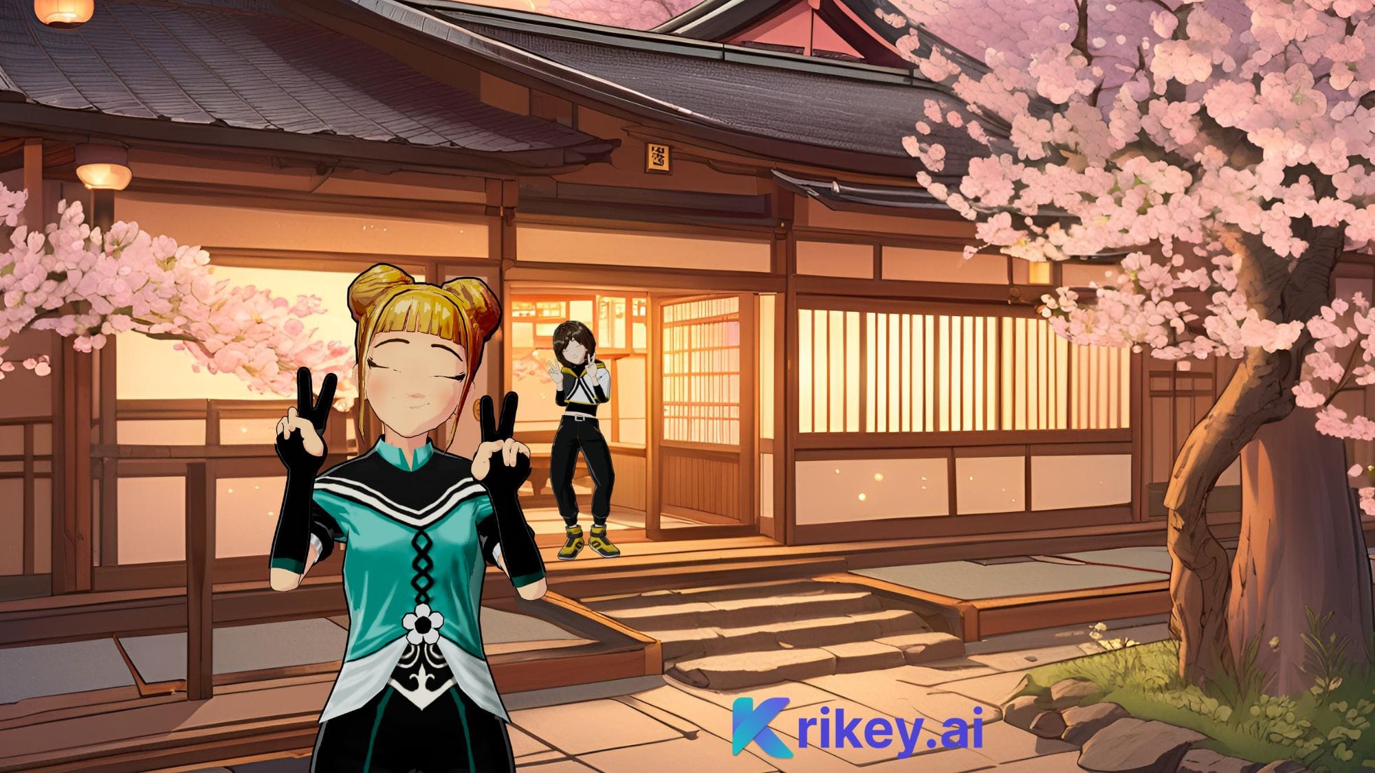 AI Anime Character Generator shows Anime girl in front of Ryokan anime video made in Krikey AI Video editor