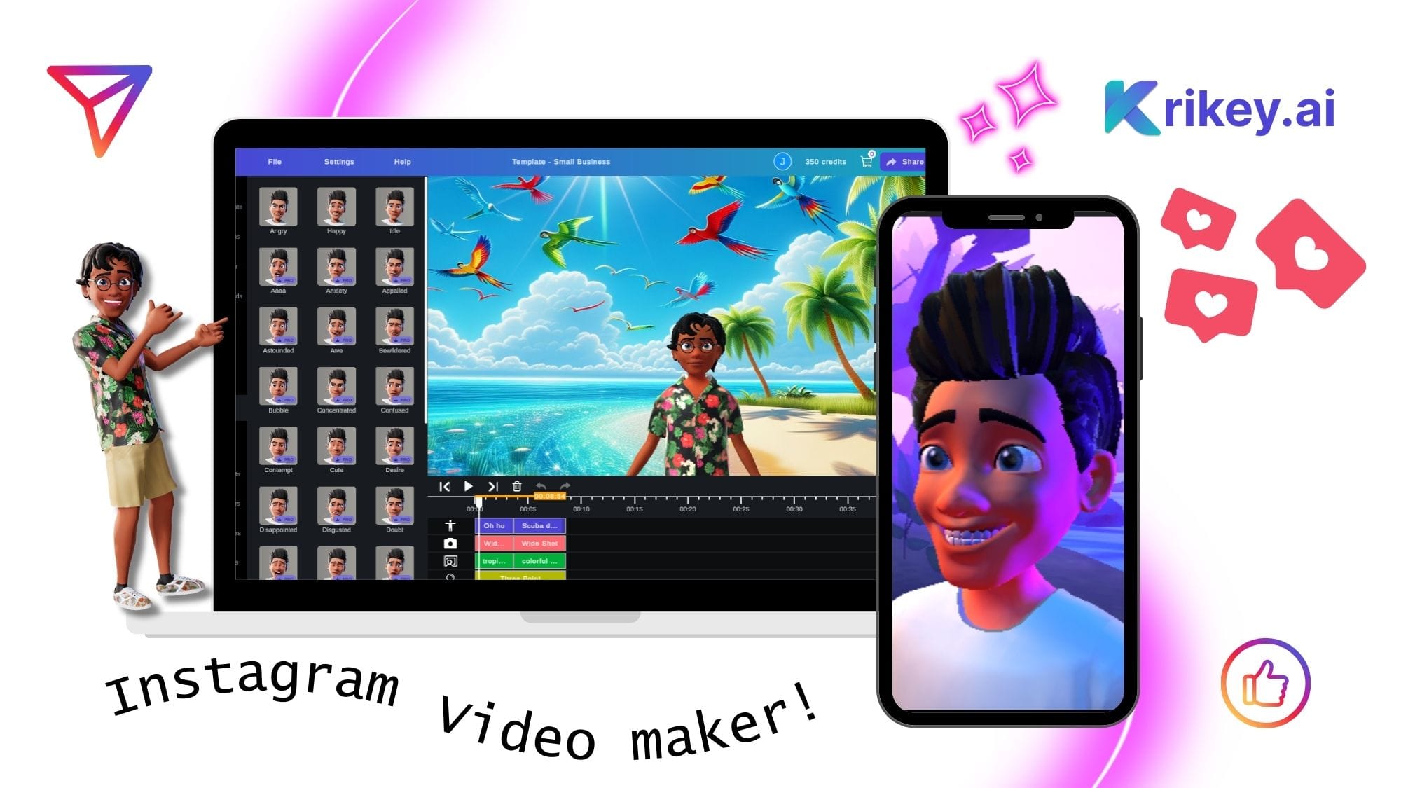 Free Instagram Video Editor with animated cartoon characters and voice AI made with Krikey AI Animation