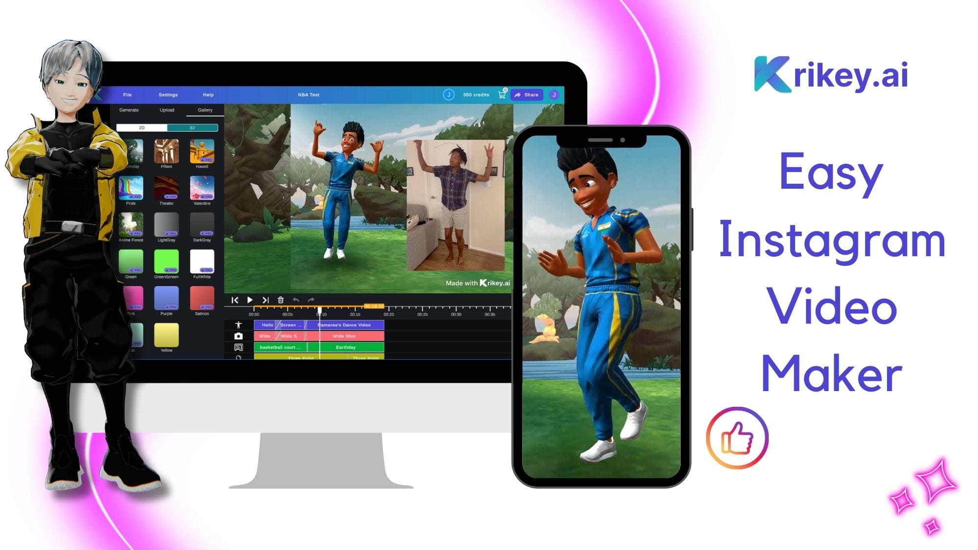 Free Instagram Video Maker with anime boy and desi cartoon characters made with Krikey AI Animation