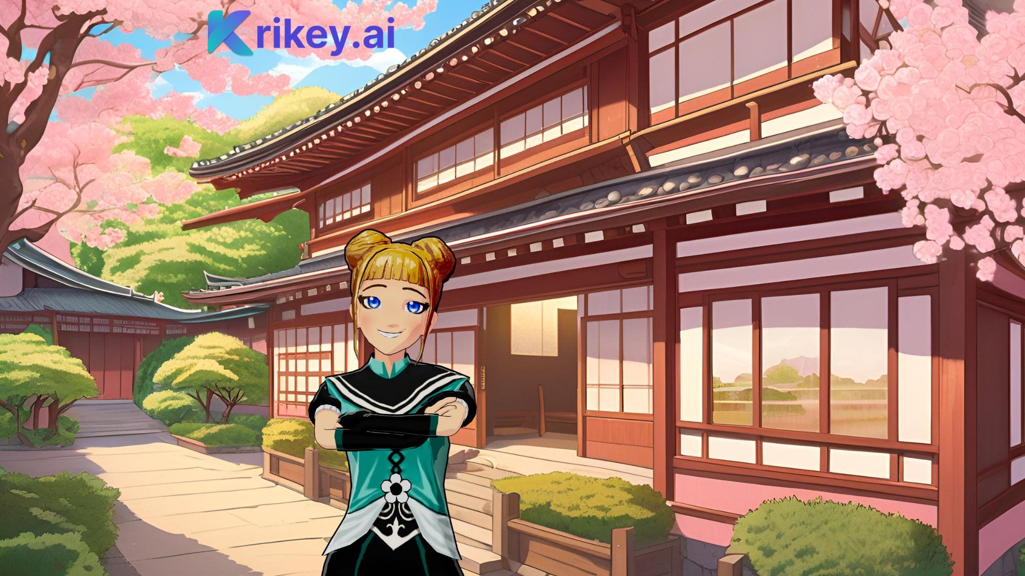 Anime girl in front of Anime Ryokan made with Krikey AI Video editor and AI Anime generator