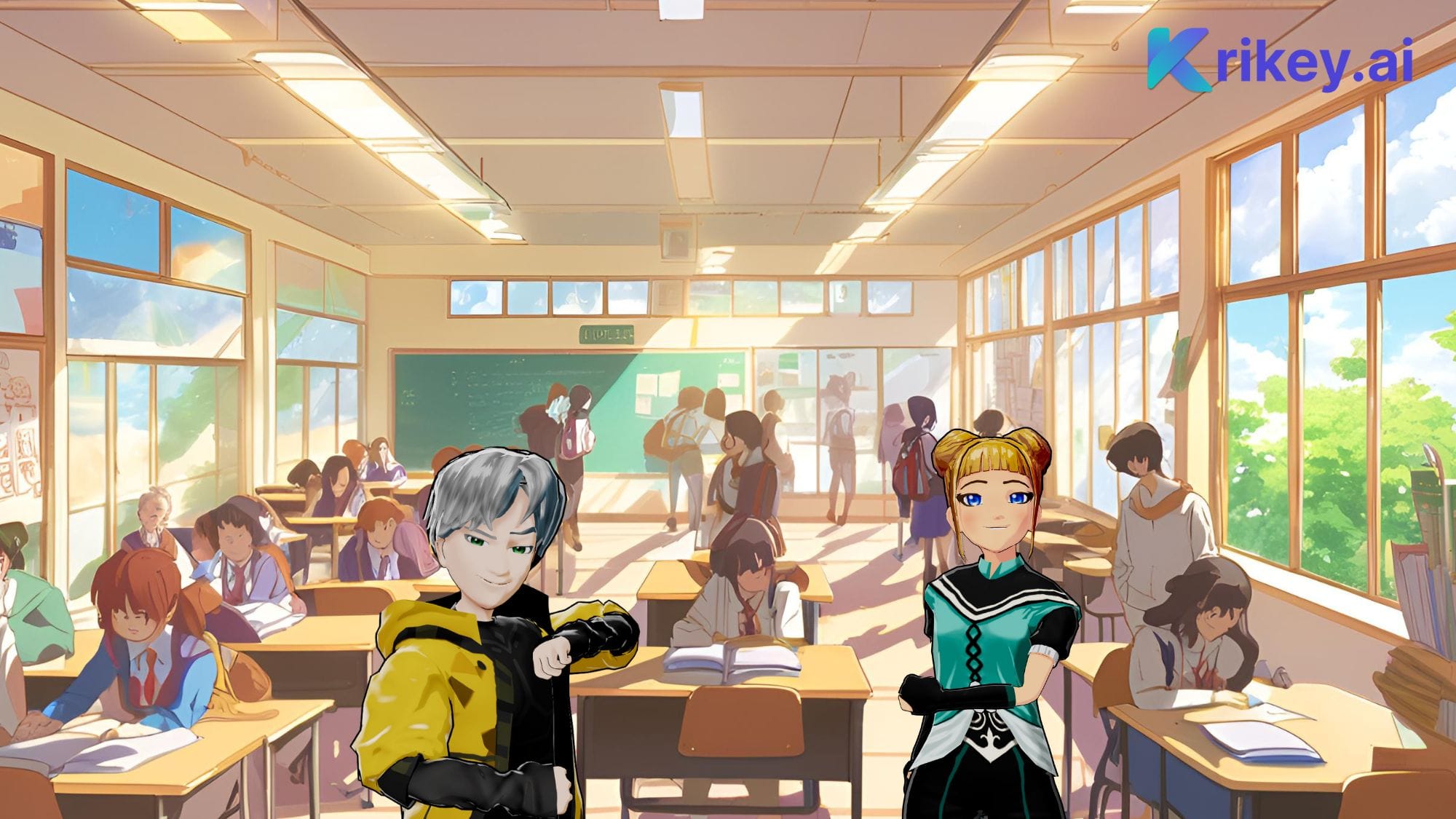 Manga AI Generator tool shows Anime boy and Anime girl dancing in high school classroom in Krikey AI video editor