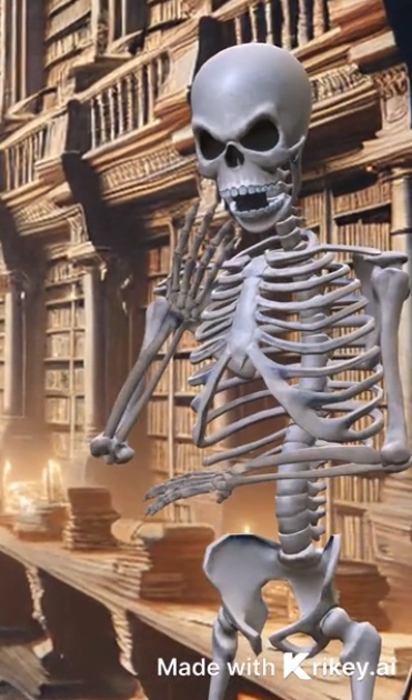 Krikey AI Skeleton Meme Generator shocked in library with Axial skeleton 