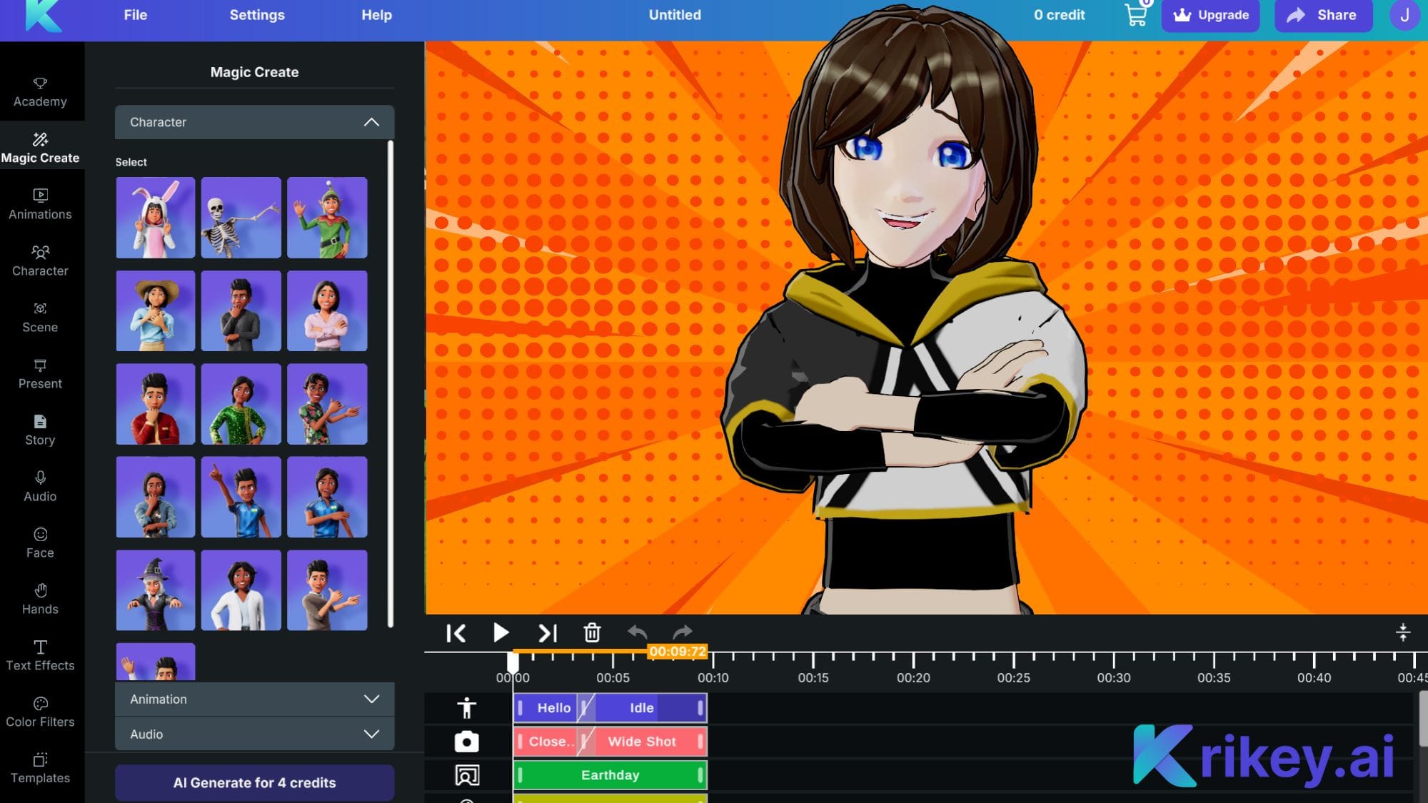 Anime girl AI Character creator with dubbed audio text to speech, animations, face animator in Krikey AI video editor. 