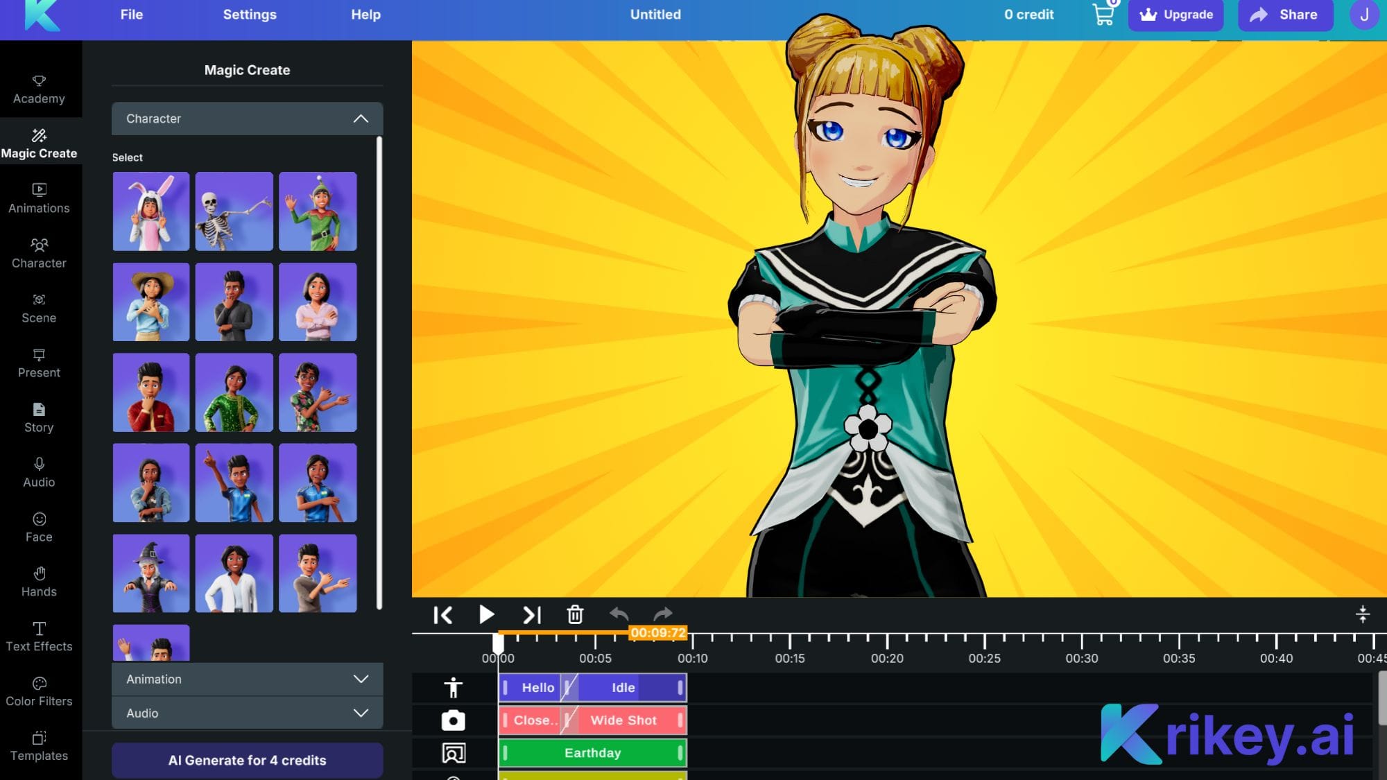 Anime girl AI Character Generator with animation walk cycle and dubbed audio in Krikey AI video editor  