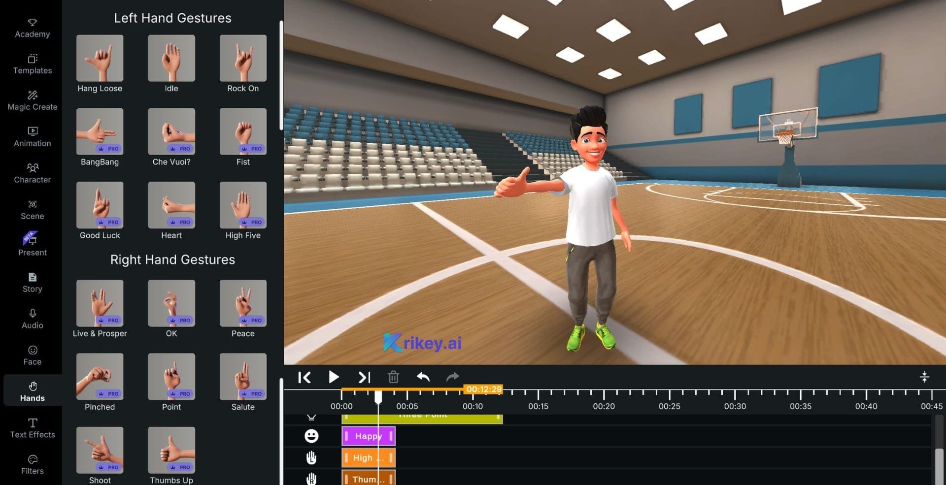 Animated character standing on basketball court with thumbs up hand created with cartoon hand generator