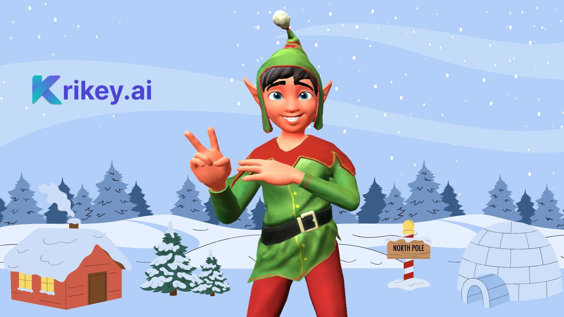 Animated character standing in snow with peace sign hand created with cartoon hand generator