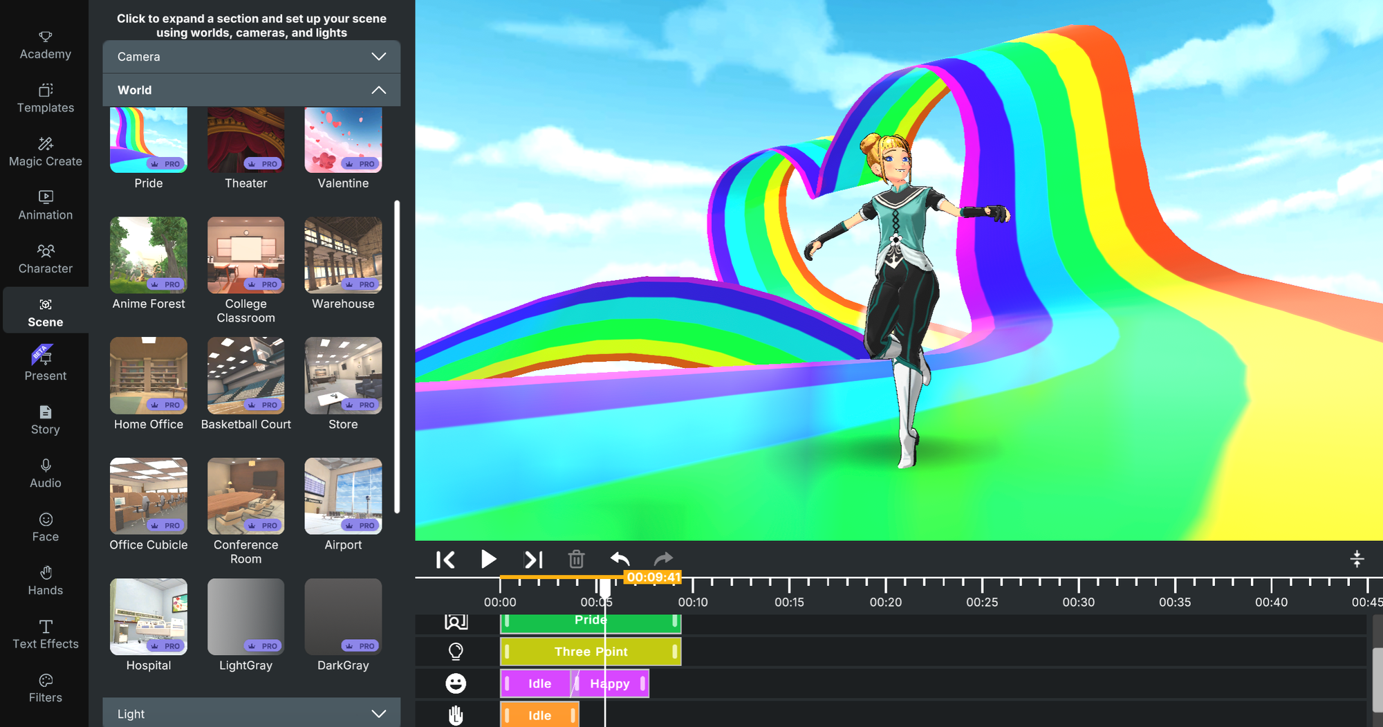 Animated character standing in rainbow pride video background created from custom video backgrounds