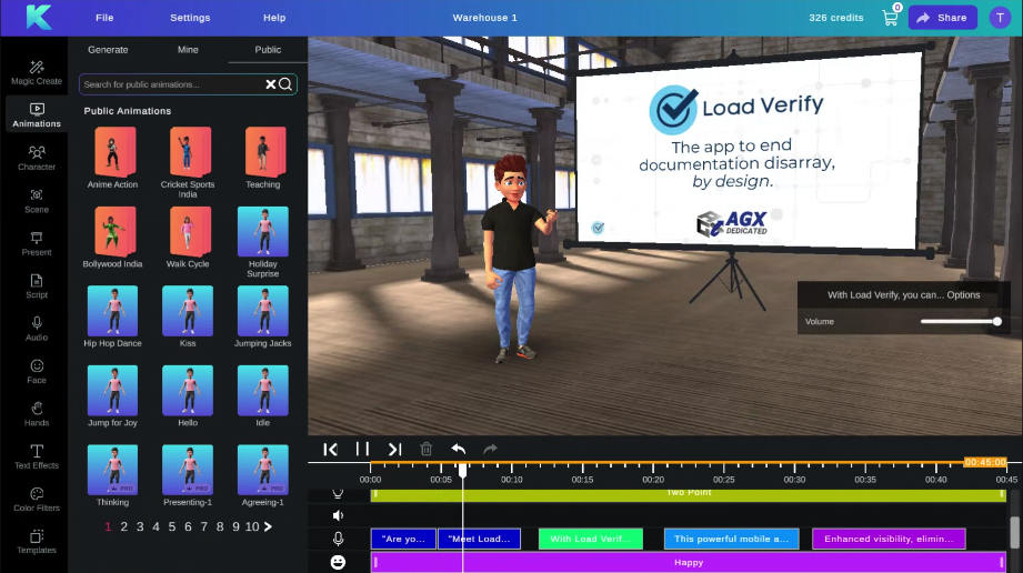 Video Editor 3D animation Krikey AI tools with animated cartoon character