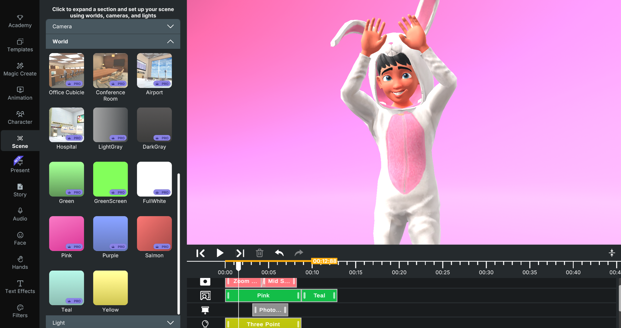 Animated character standing in pink video background created from custom video backgrounds