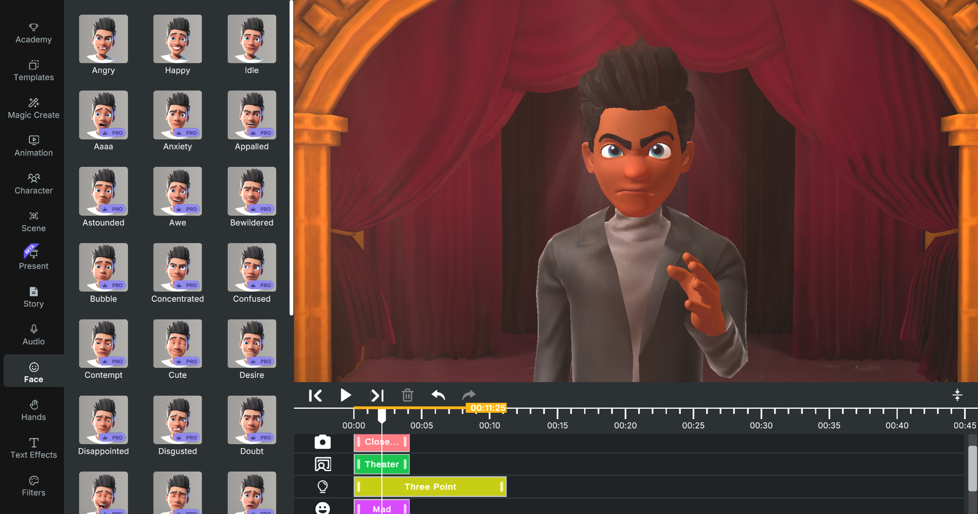 Animated character with angry facial expression created using the animated facial expression chart