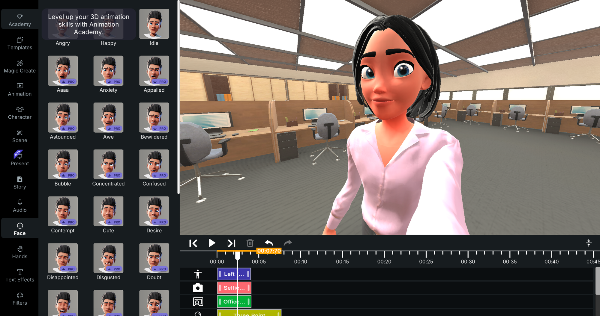 Animated character with selfie facial expression created using the animated facial expression chart