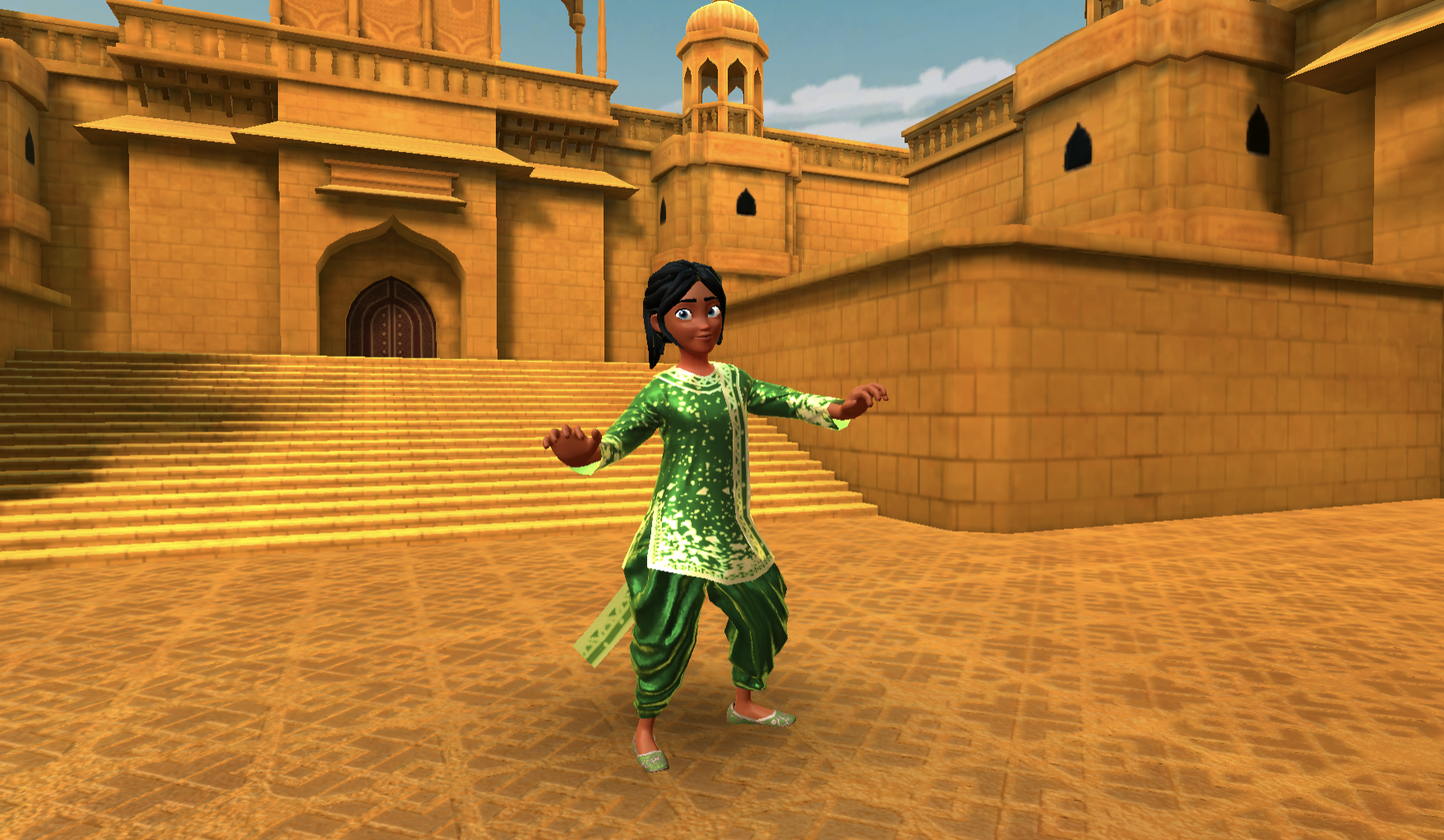 Young female dressed in Bollywood attire dancing