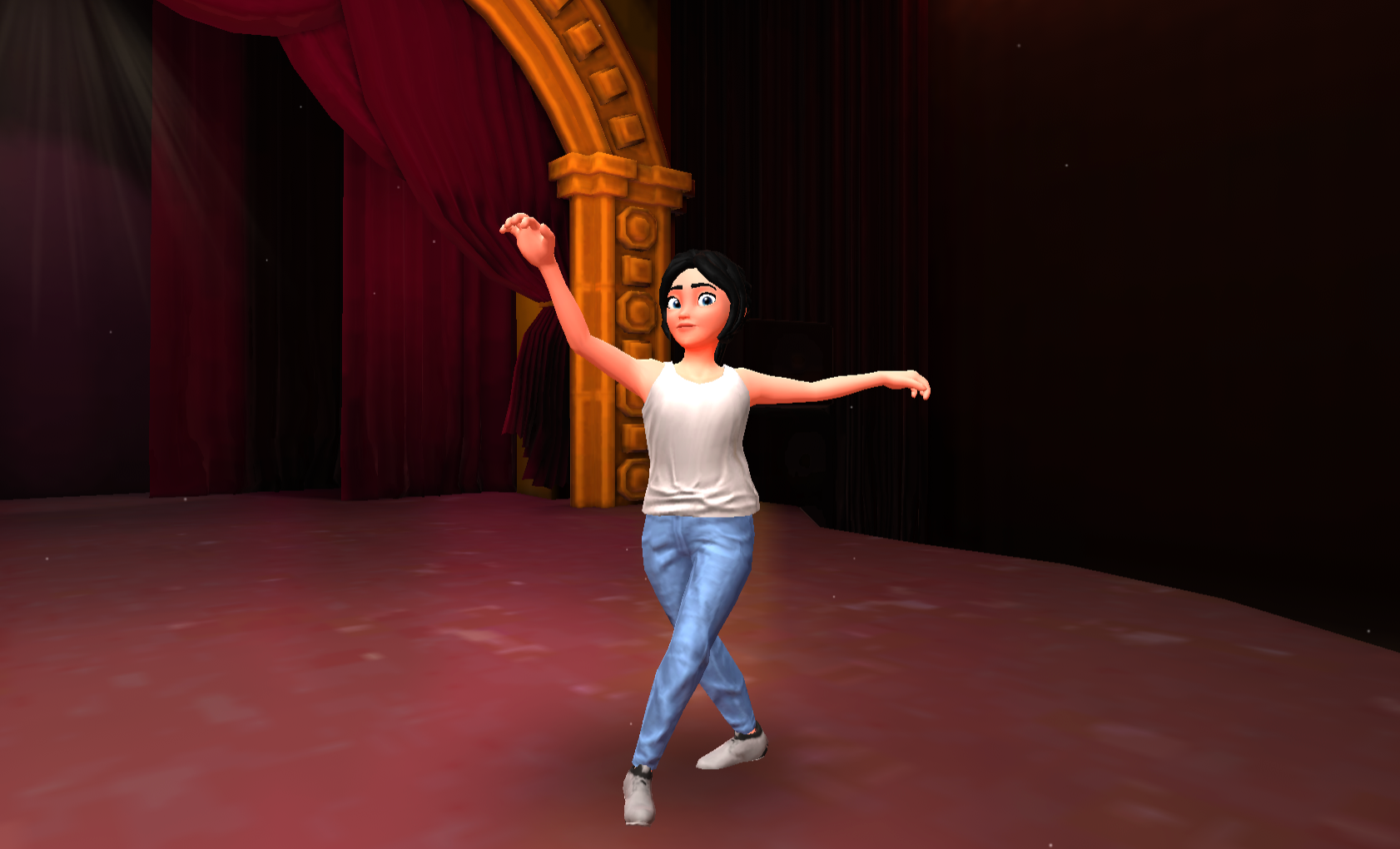 Young female dancer posing in ballerina position on theater stage