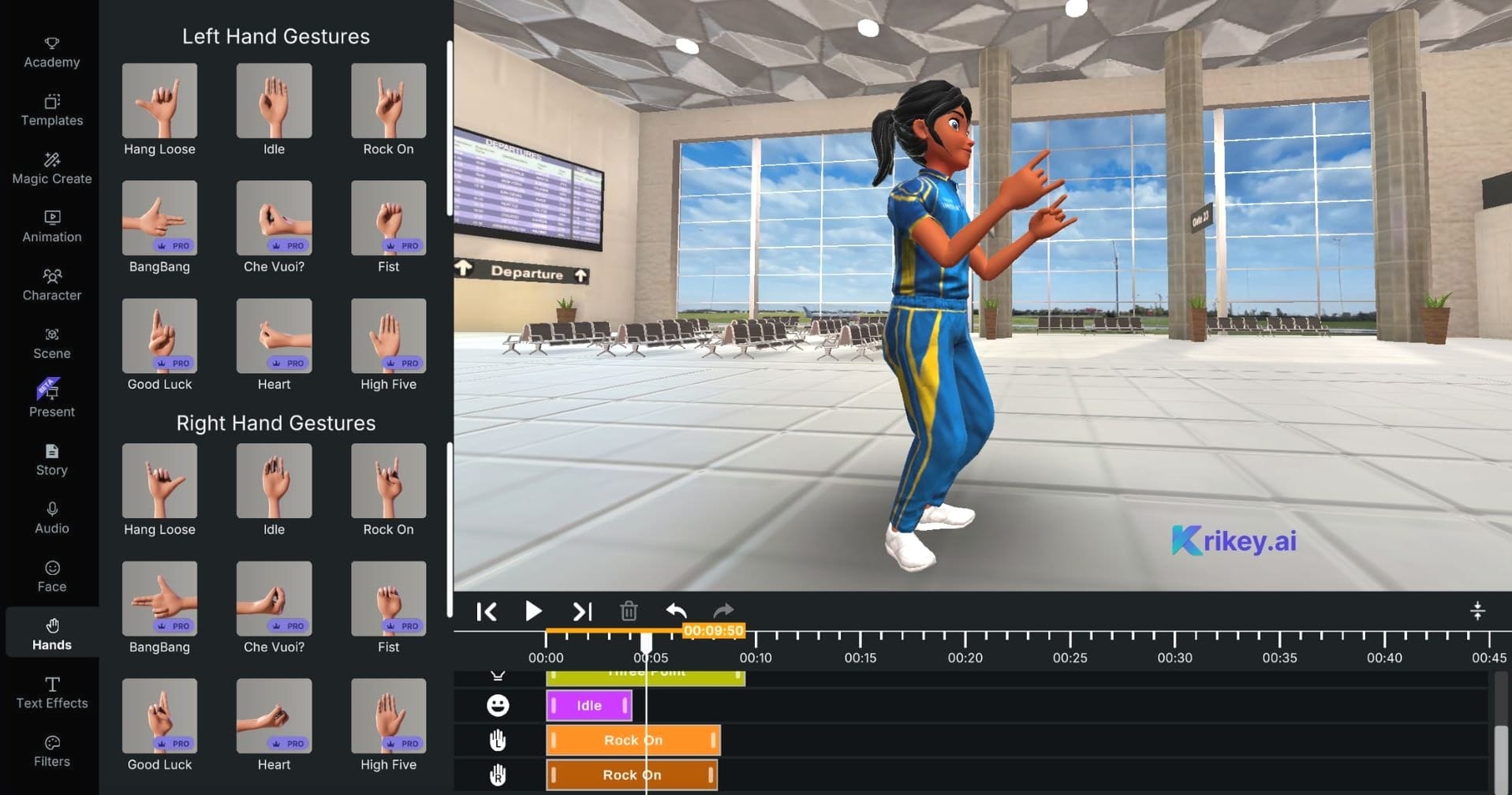 Animated character standing in an airport with spiderman hands created with cartoon hand generator