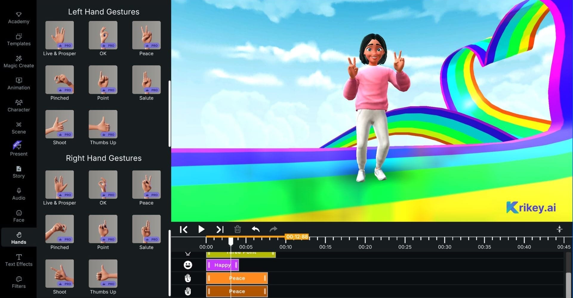 Animated character standing on a rainbow design with peace sign hands created with cartoon hand generator