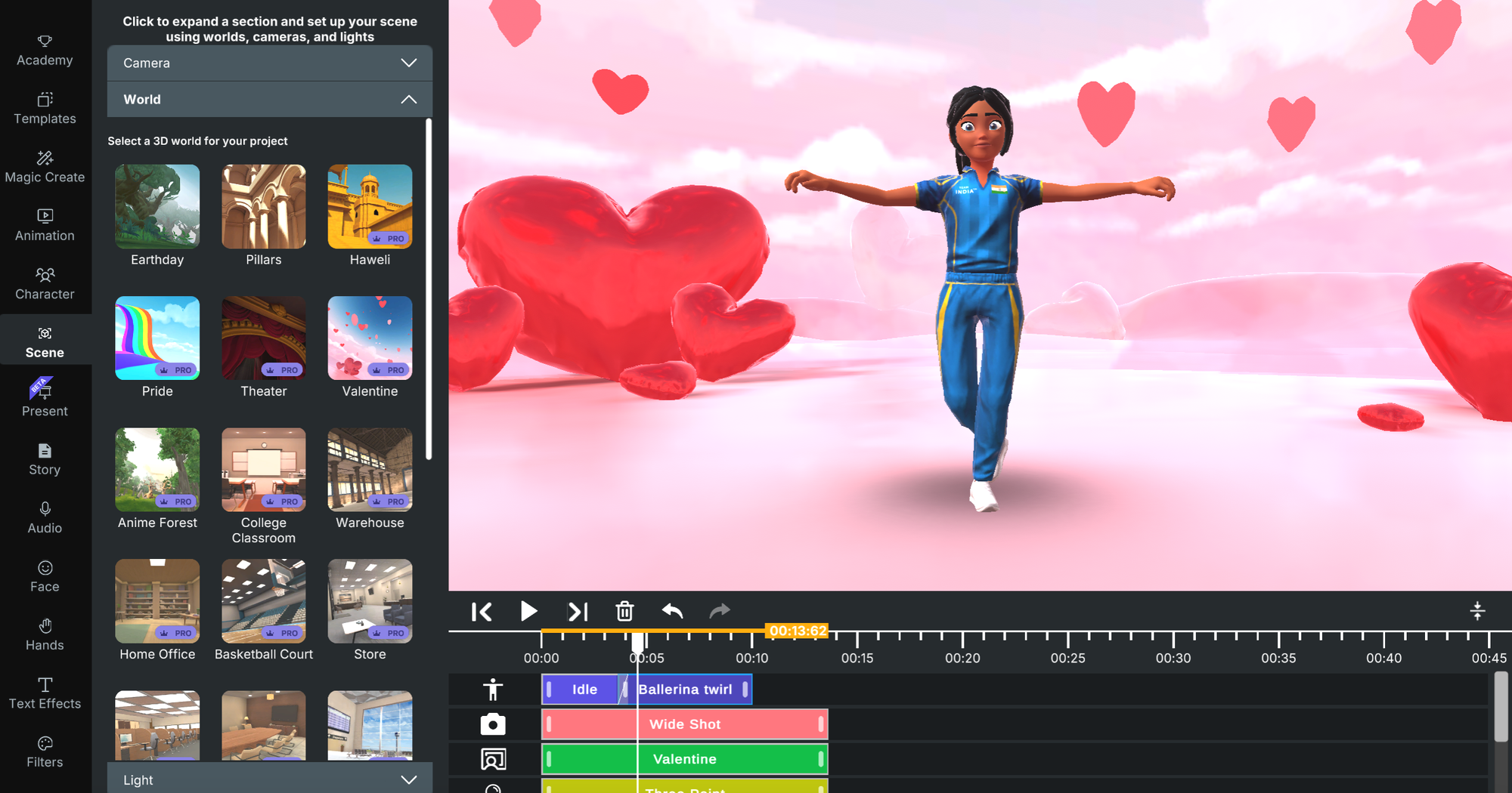 Animated character standing in valentines video background created from the custom video backgrounds