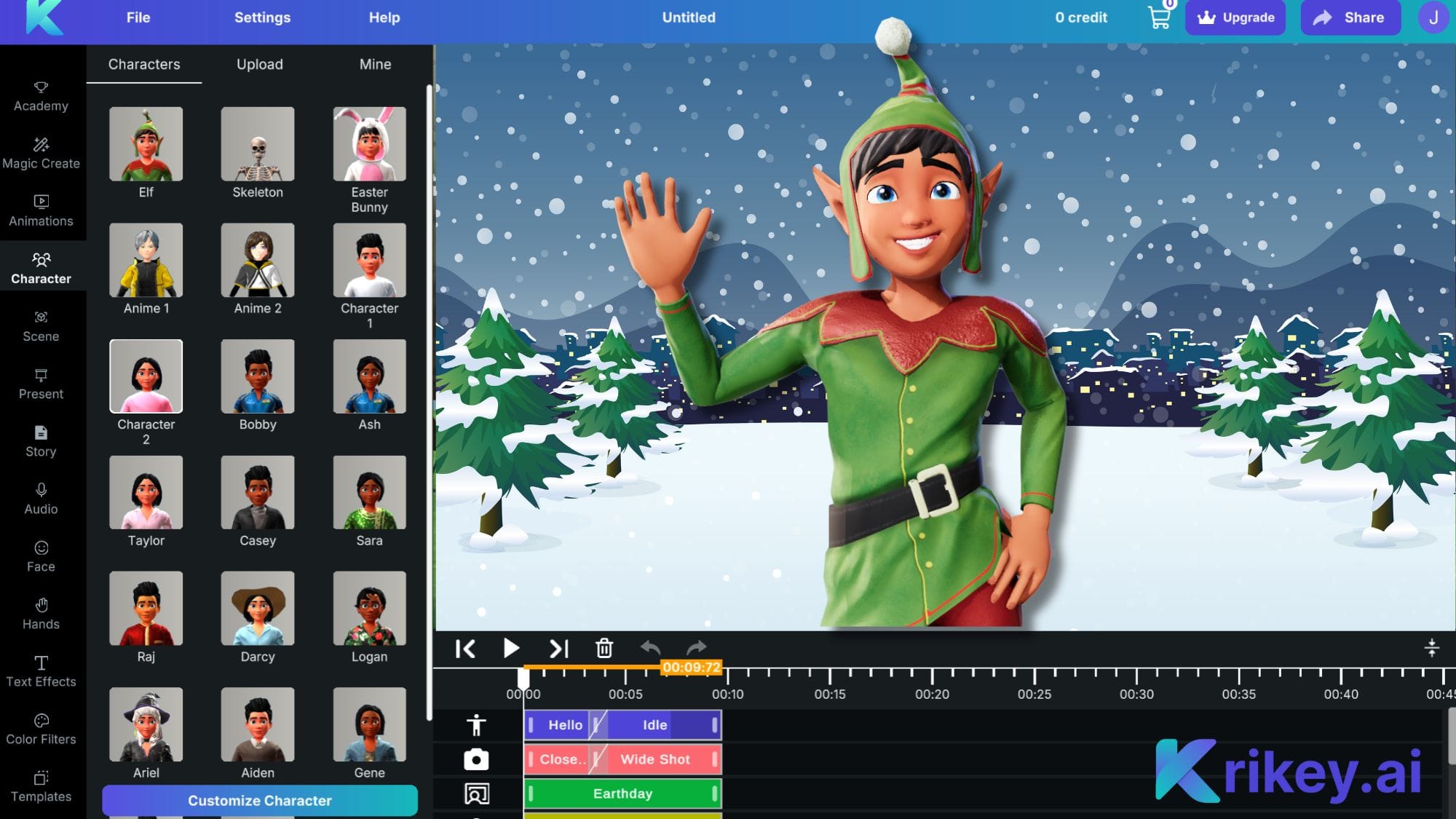 character AI christmas wallpaper with elf character voice AI in the Krikey 3D video editor