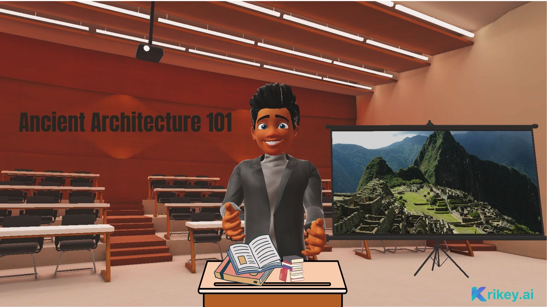 Animated character standing in college classroom with image of machu picchu created with ai lesson plan generator