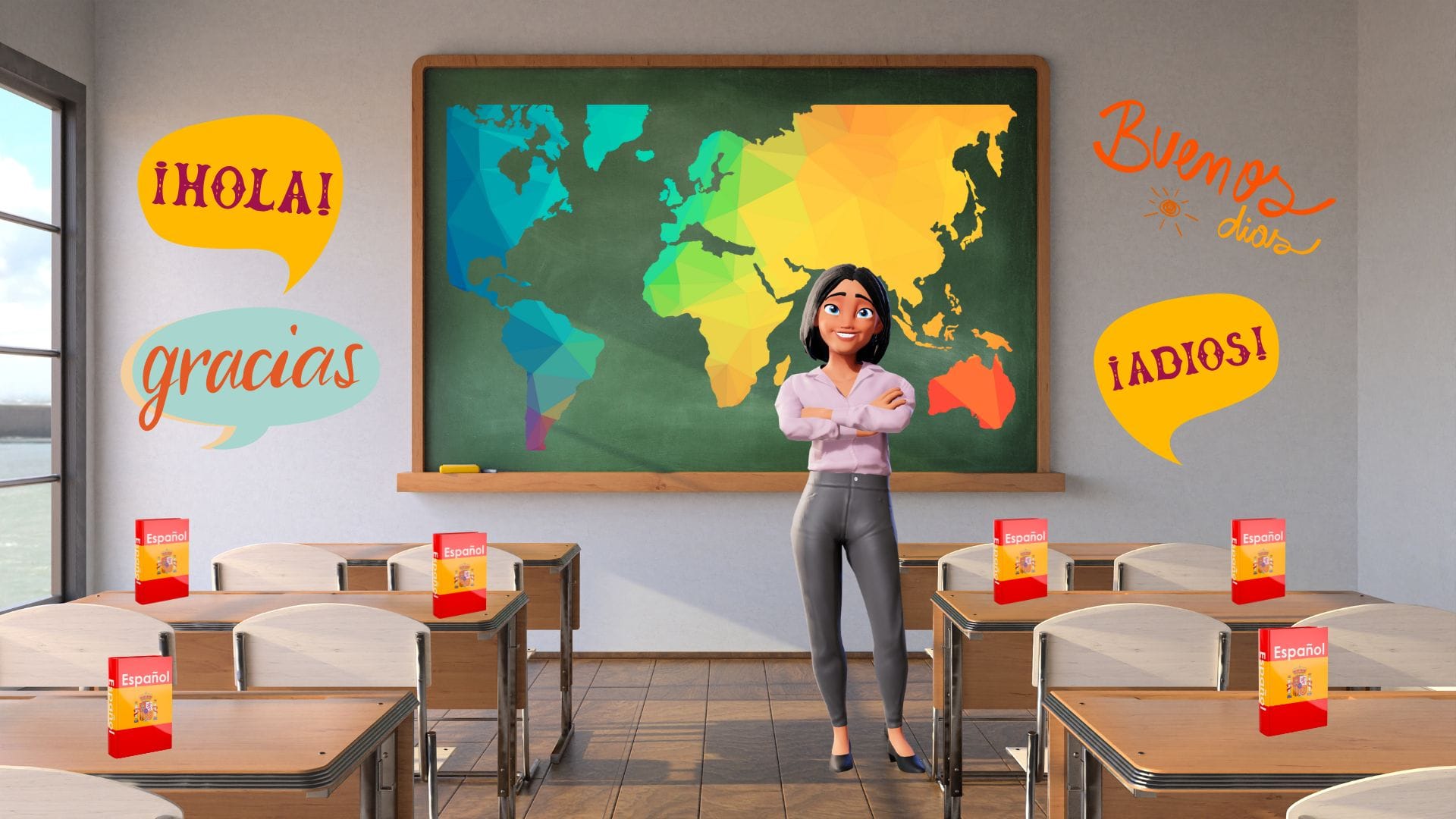 Animated character standing in front of classroom and desks created with the ai lesson plan generator