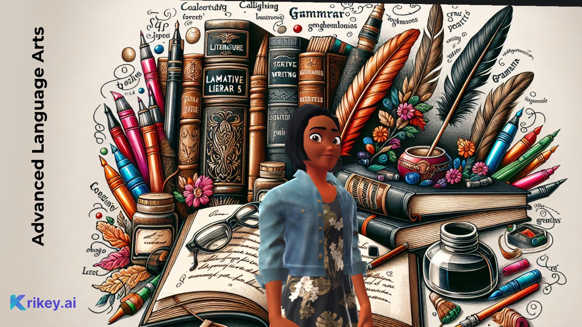 Animated character standing in front of language arts pens and books created with the AI lesson plan generator