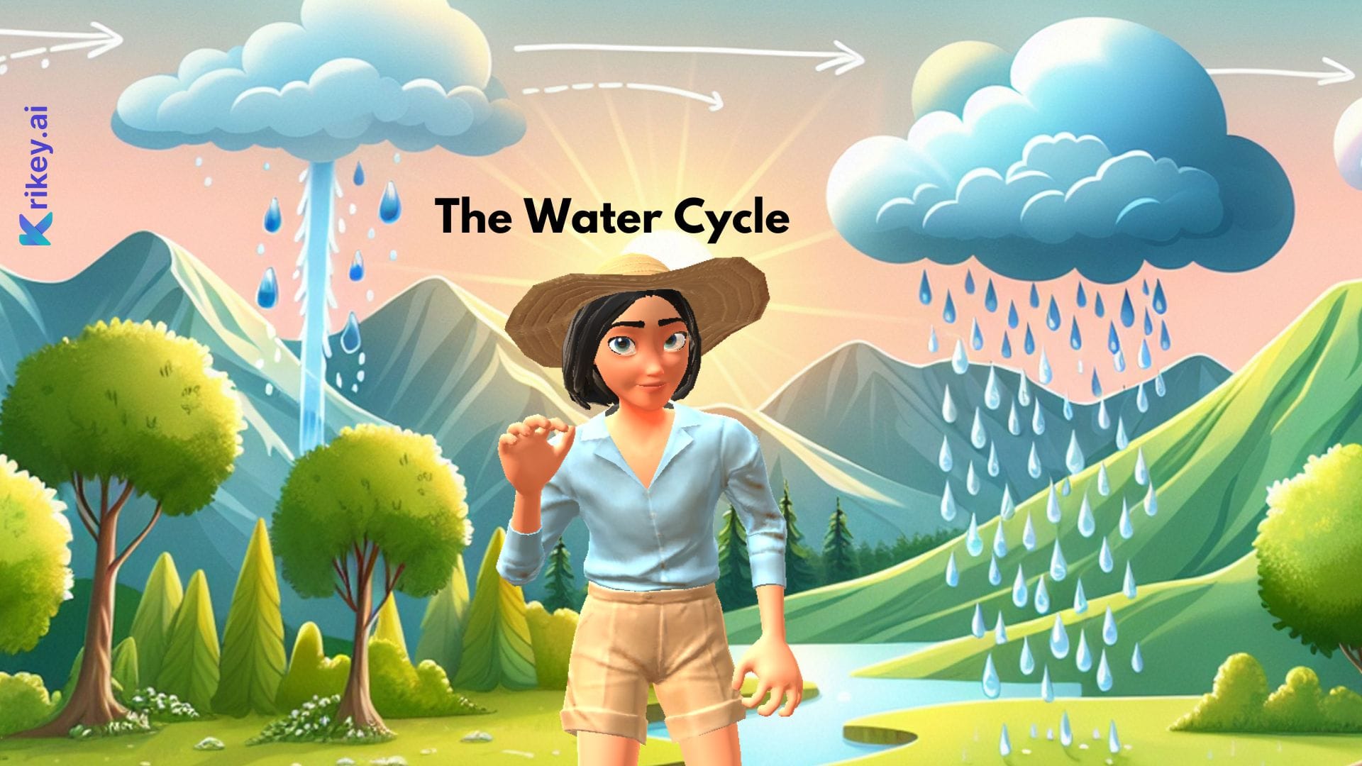 Animated character standing in water cycle backdrop created with the ai lesson plan generator