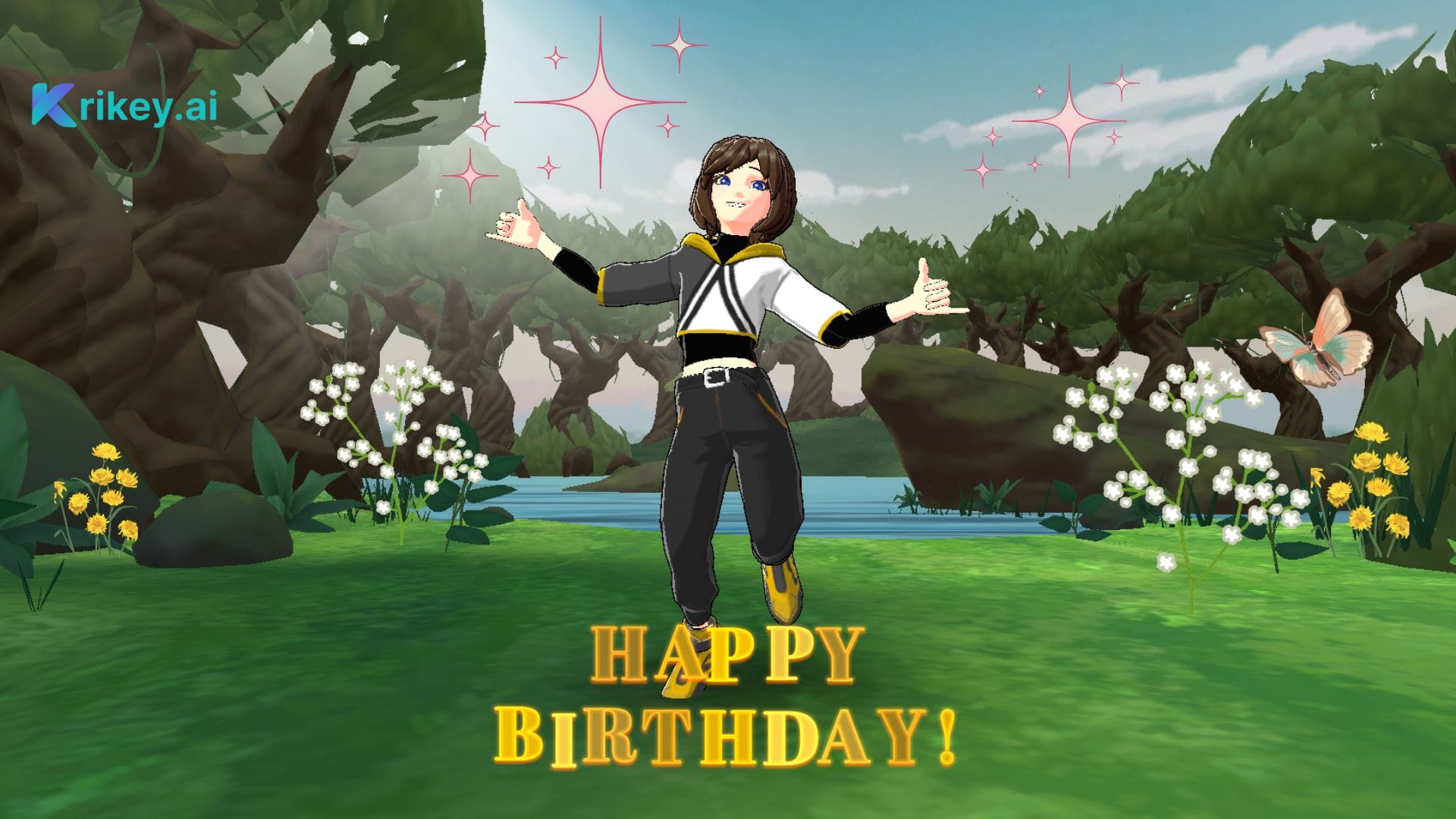 Anime character standing in a nature background with flowers and butterflies and happy birthday text created with the AI birthday card generator