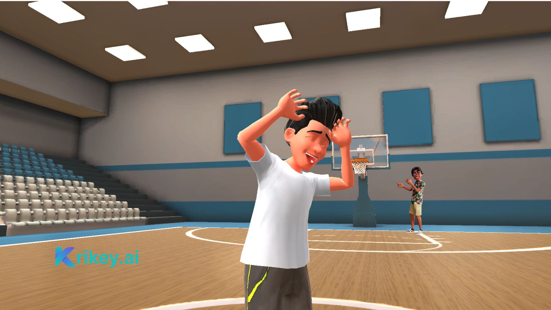 Animated characters laughing on a basketball court in a funny video template created by ai funny video generator